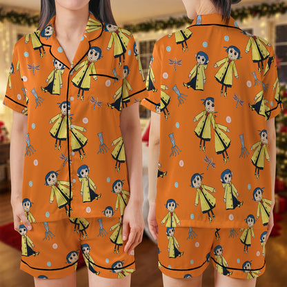 Coraline Inspired Short Pajama Set – Orange & Yellow Button-Eye Character Print Sleepwear | Cute Animated Movie PJs for Women, Men, Kids & Youth, Matching Family Loungewear Gift HPRPJMADS-18