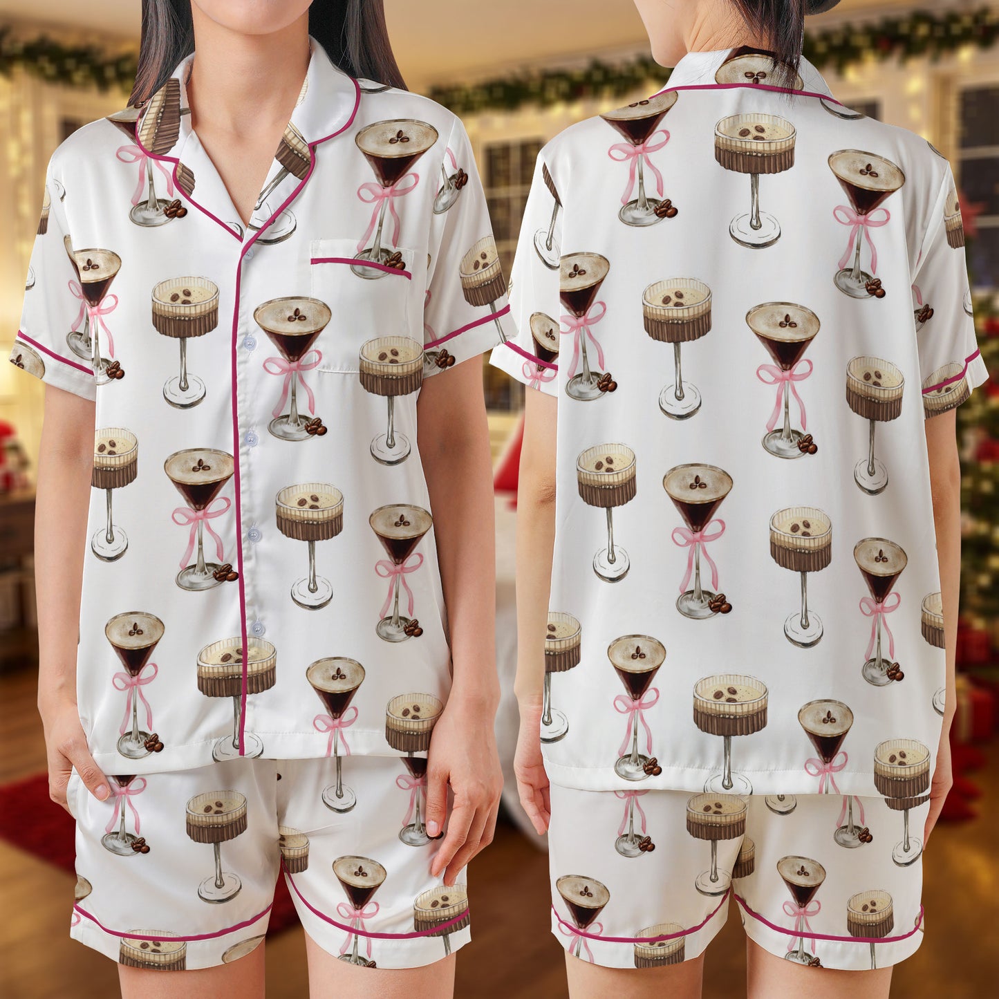 Espresso Martini Short Pajama Set – Elegant Coffee Cocktail Print Sleepwear | White Satin PJs with Dessert Drink Design, Pink Trim, Women’s & Men’s Matching Lounge Gift Set HPRPJMADS-19