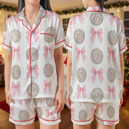 Volleyball & Pink Bow Short Pajama Set – Sporty Chic Satin Sleepwear | White & Red Trim Volleyball Lover PJs for Women, Men, Kids & Youth, Matching Family Lounge Outfit HPRPJMADS-20