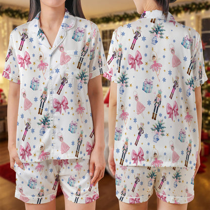 Nutcracker Ballet Satin Short Pajama Set – Christmas Themed Sleepwear | Pink Ballerina, Toy Soldier & Gift Print PJs for Women, Men, Kids & Matching Holiday Family Outfits HPRPJMADS-26