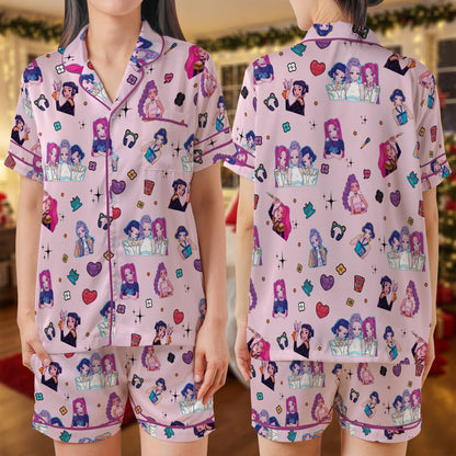 K-Pop Girl Group Satin Short Pajama Set – Pink Music Lover Sleepwear | Anime-Style Pop Star Print PJs for Women, Men, Kids & Matching Family Outfits HPRPJMADS-28