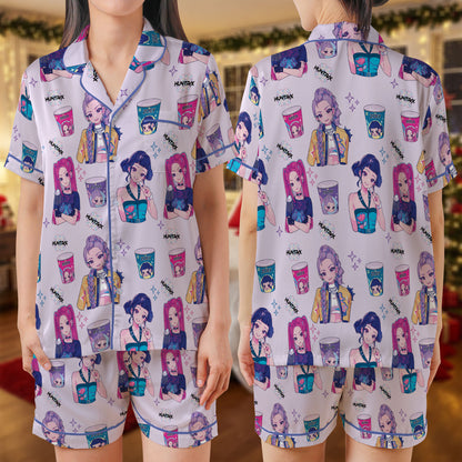 Anime Girl Snack-Themed Satin Short Pajama Set – Cute Kawaii Cartoon Print Sleepwear | Lavender PJs for Women, Teens, and Matching Friends Sets HPRPJMADS-32