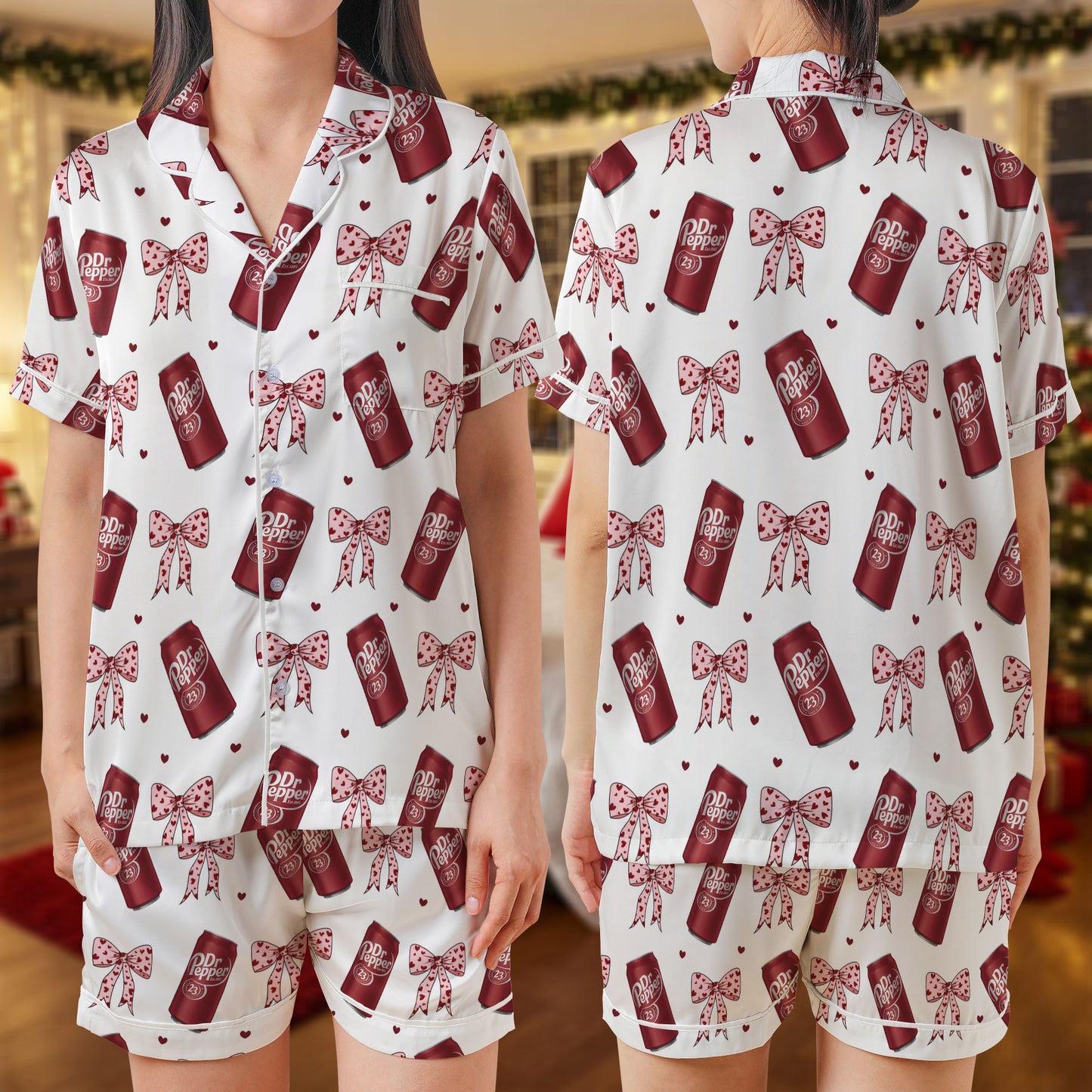 Dr Pepper Satin Short Pajama Set – Cute Soda Can & Polka Dot Bow Print Sleepwear | White & Burgundy Loungewear for Women, Teens & Matching Holiday Sets HPRPJMADS-34