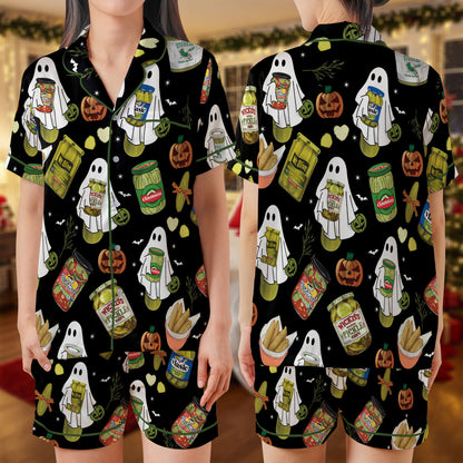 Halloween Pickle Ghost Satin Pajama Set – Funny Spooky Snack Print Sleepwear | Black Short Sleeve Loungewear for Women, Teens & Matching Holiday Outfits HPRPJMADS-35