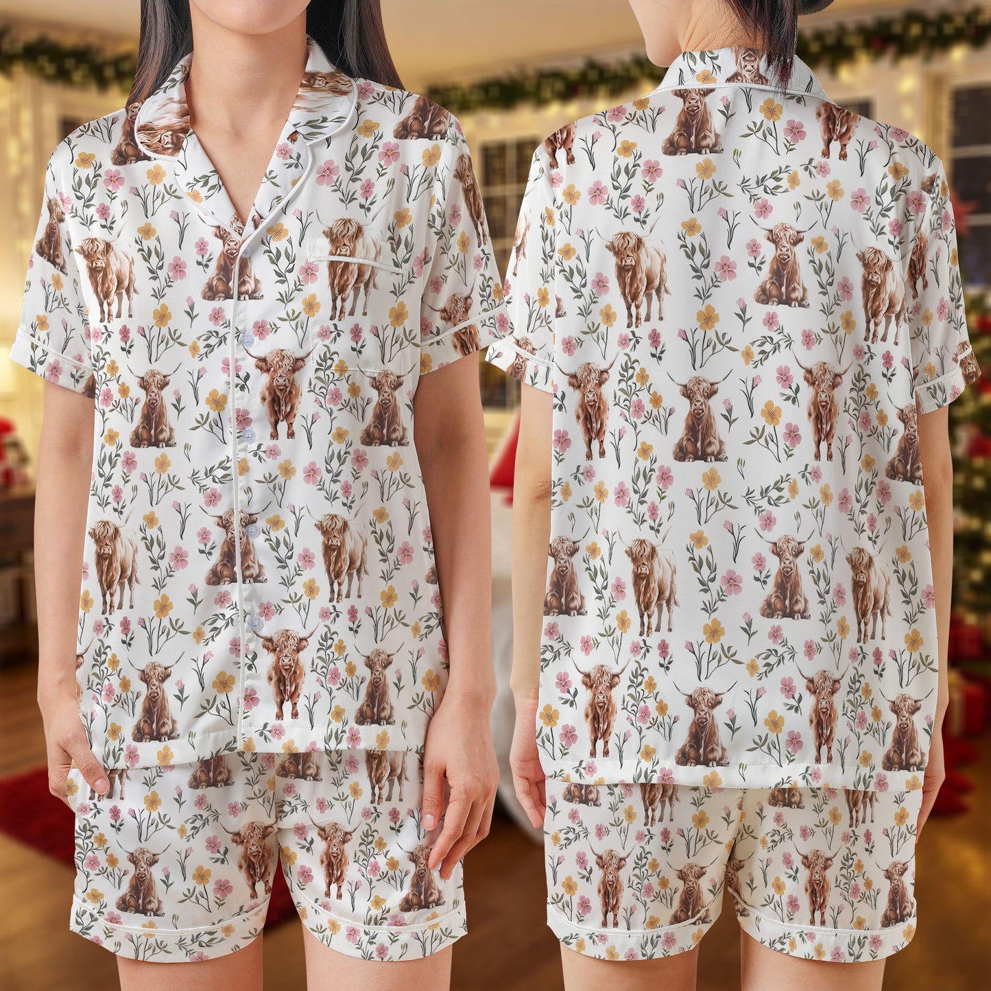 Highland Cow Floral Satin Pajama Set – Cute Farm Animal Print Sleepwear | Cream Short Sleeve Loungewear for Women, Teens & Cozy Country Nightwear HPRPJMADS-36