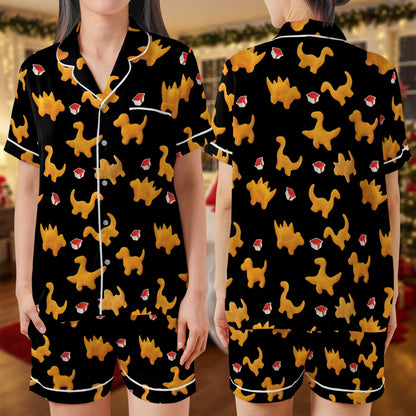 Dino Nugget Satin Pajama Set – Fun Chicken Nugget Print Sleepwear | Black Short Sleeve Loungewear with White Piping for Food Lovers HPRPJMADS-44