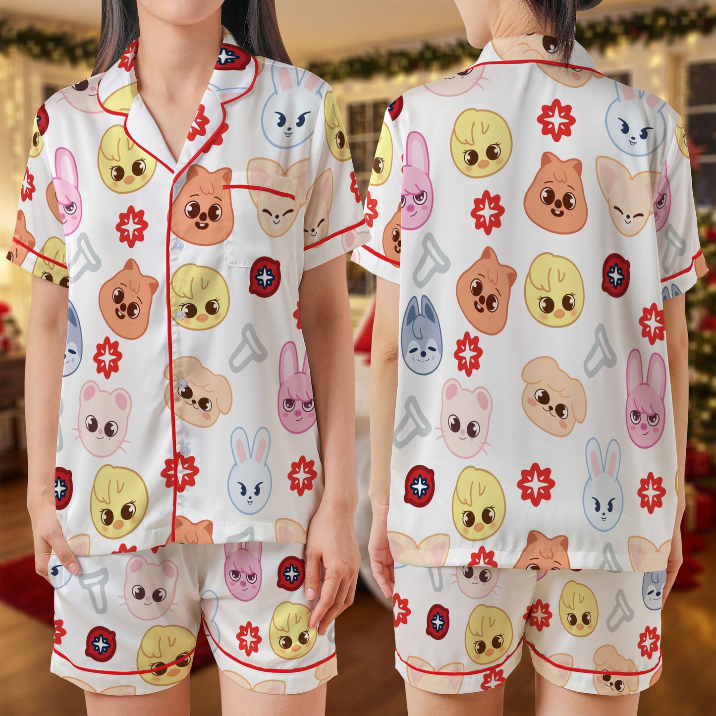 Cute Animal Faces Satin Pajama Set – Colorful Cartoon Bunny & Puppy Print Sleepwear | White Short Sleeve Loungewear with Red Piping for All Ages HPRPJMADS-45