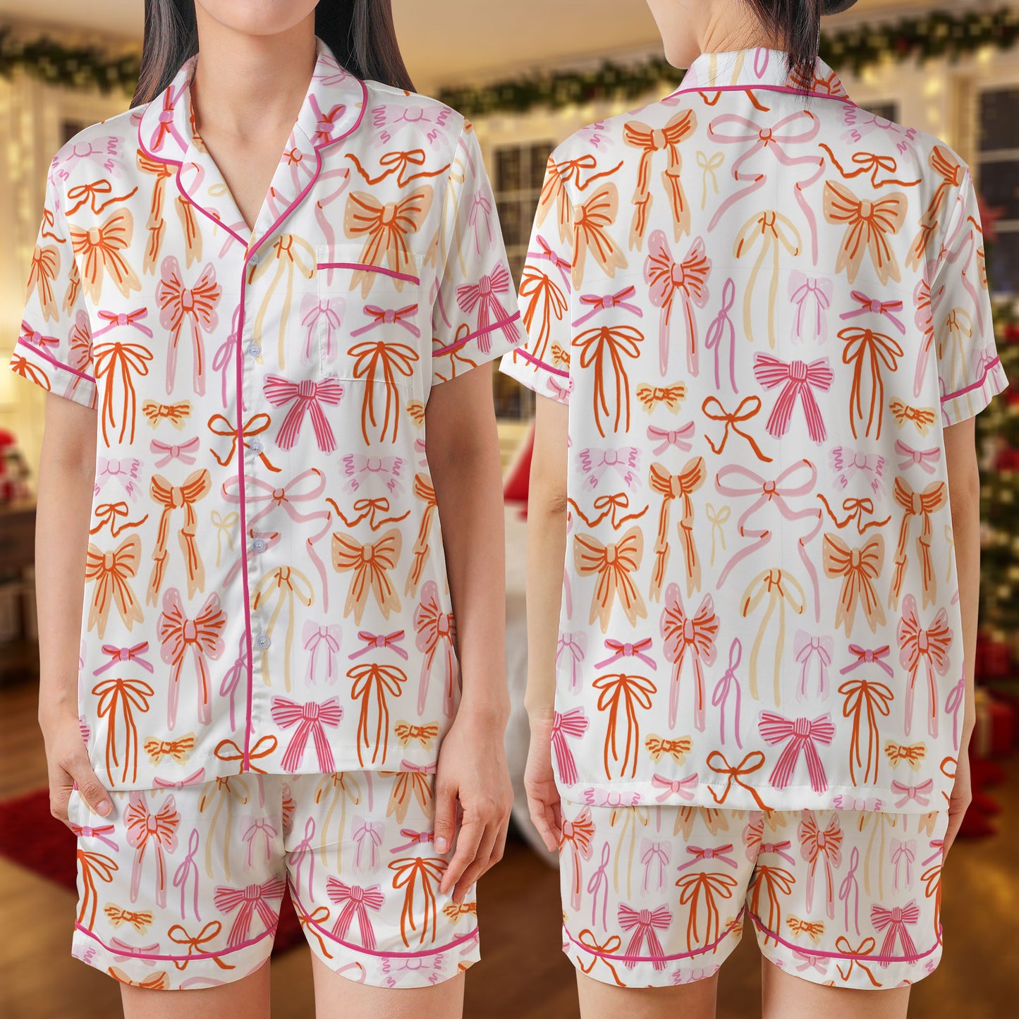 Colorful Ribbon Print Satin Pajama Set – Pink & Orange Bow Pattern Sleepwear | Short Sleeve Satin Loungewear with Pink Piping Trim HPRPJMADS-49