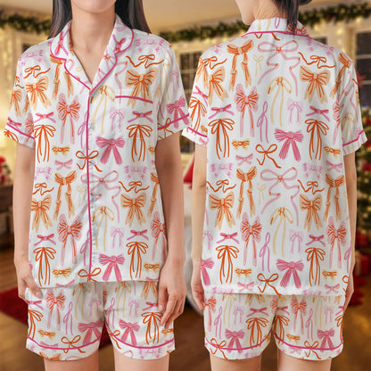 Colorful Ribbon Print Satin Pajama Set – Pink & Orange Bow Pattern Sleepwear | Short Sleeve Satin Loungewear with Pink Piping Trim HPRPJMADS-49