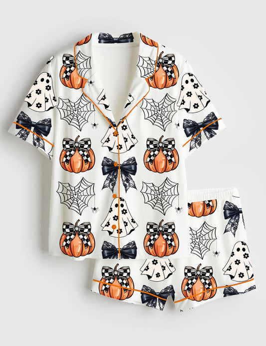 Women’s Cute Ghosts Pumpkins Spiderwebs Coquette Bows Halloween Short Sleeve Satin Pajama Set