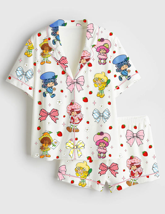 Women's Strawberry Coquette Bow Berry Sweet Girl Cartoon Short Sleeve Satin Pajama Set