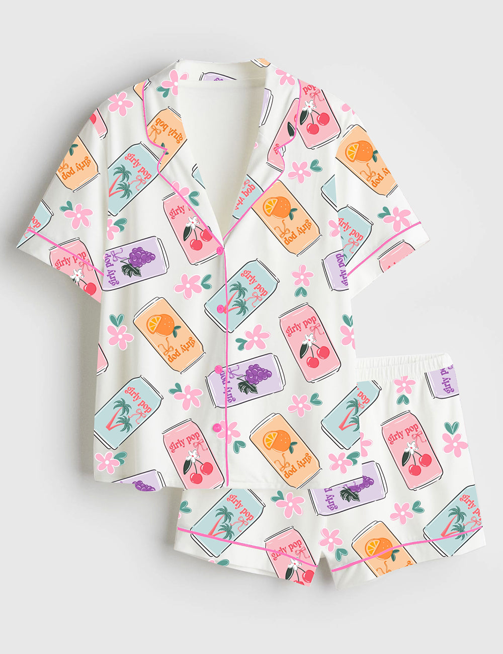 Women’s Girly Soda Pop Pink Fruity Summer Cherry Soda Surface Pattern Short Sleeve Satin Pajama Set