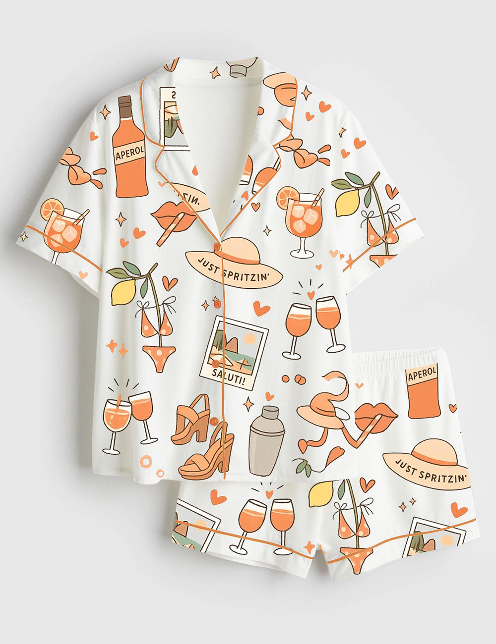 Women’s Spritz Girl Summer Aperol Bottle Cocktail Glass Heels Bikini Summer Beach Short Sleeve Satin Pajama Set