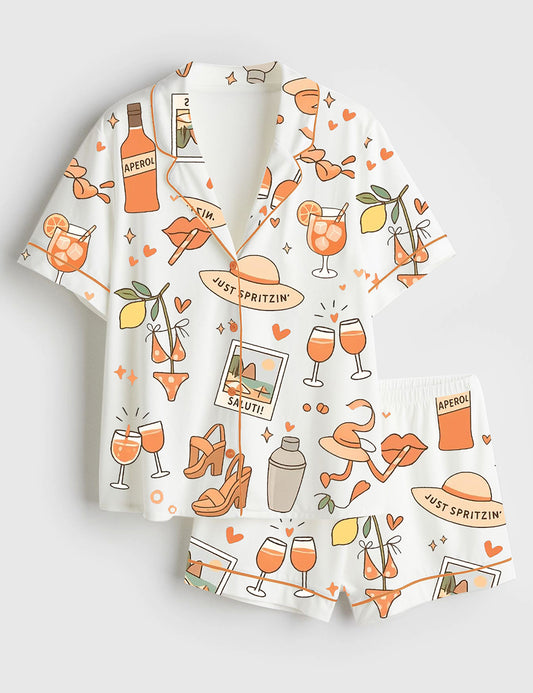 Women’s Spritz Girl Summer Aperol Bottle Cocktail Glass Heels Bikini Summer Beach Short Sleeve Satin Pajama Set