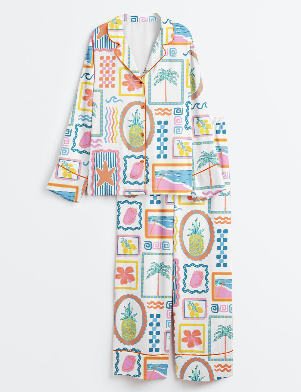 Women’s Trendy Beach Patchwork Summer Seashells Girly Summer Print Long Sleeve Satin Pajama Set