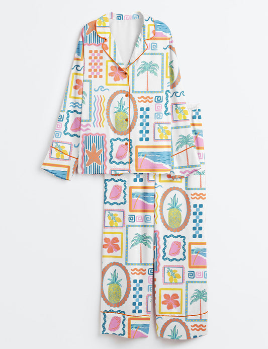 Women’s Trendy Beach Patchwork Summer Seashells Girly Summer Print Long Sleeve Satin Pajama Set