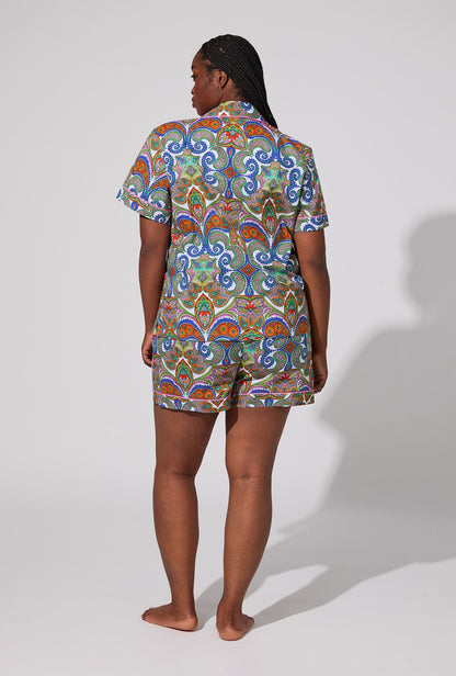 BedHead X Trina Turk Paisley Short Sleeve Classic Shorty Woven Cotton Poplin PJ Set