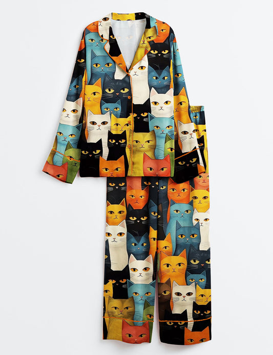 Women’s Staring Colorful Cat Long Sleeve Satin Pajama Set