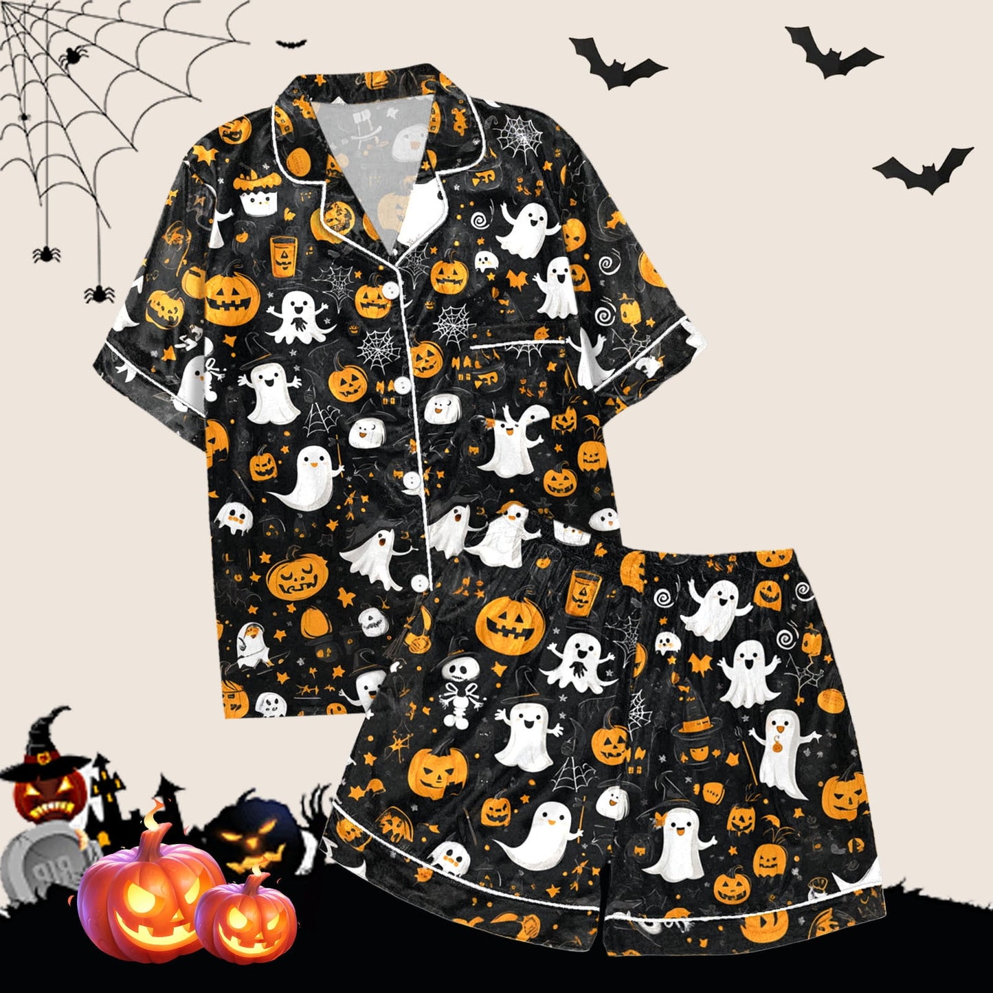 SHITINN Halloween Pajamas Two Piece Silk Pijamas Women Set Halloween Printed Button Up Pajamas for Women Short Sets Loungewear for Women Halloween Womens Pjs