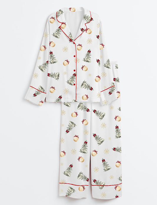 Women’s Watercolor Christmas Tree Whimsical Holiday Winter Festive Trees Long Sleeve Satin Pajama Set