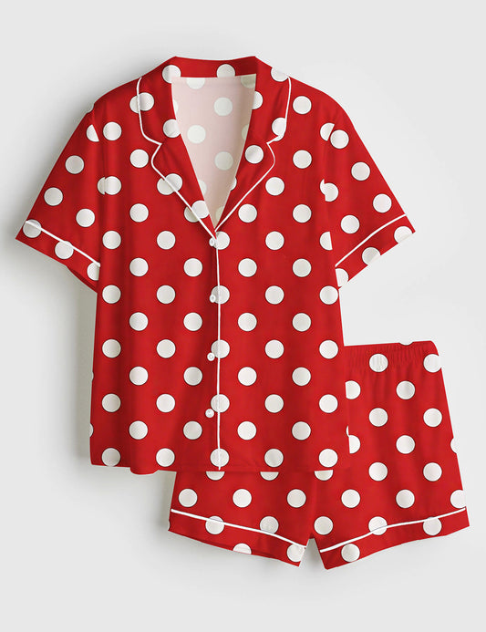 Women’s Classic Red Polkadots Short Sleeve Satin Pajama Set