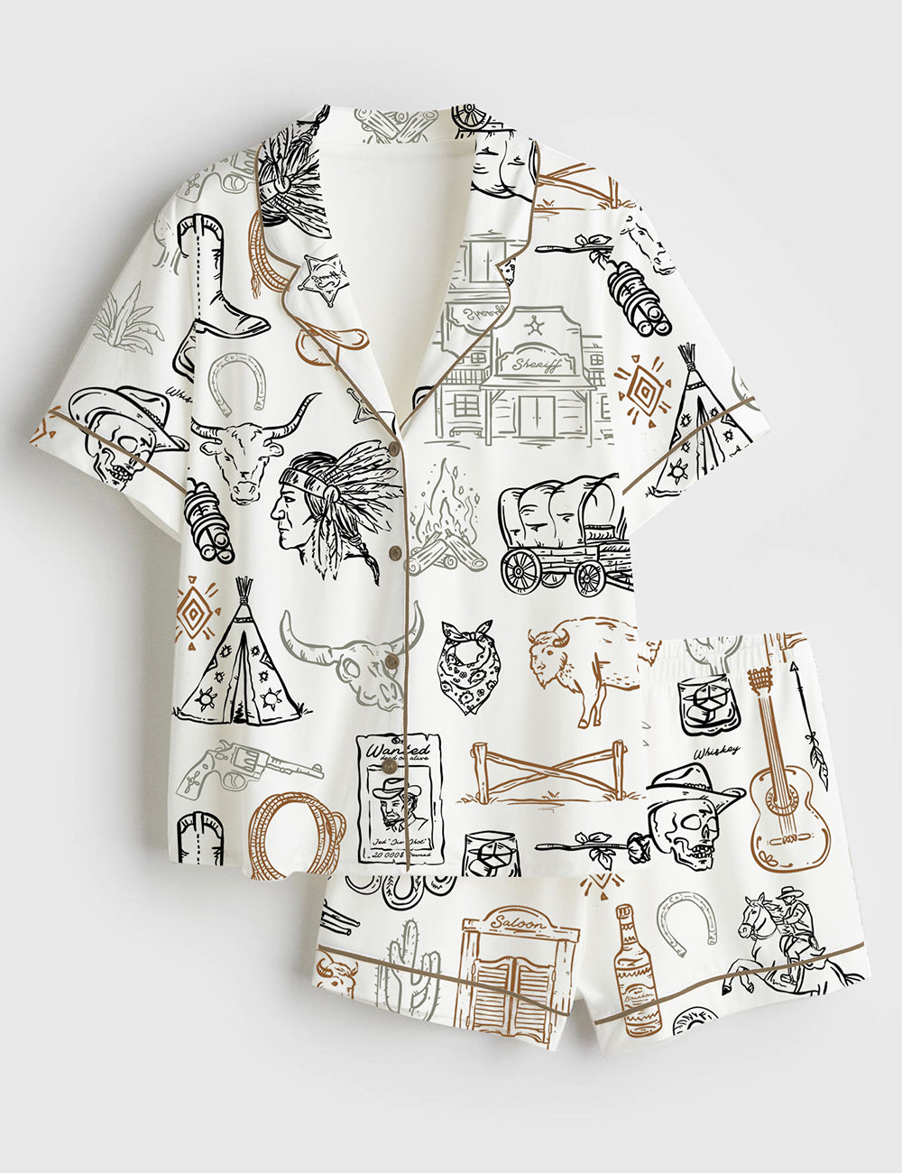 Women’s Cowboy Whimsical Style Wild West Western Party Short Sleeve Satin Pajama Set