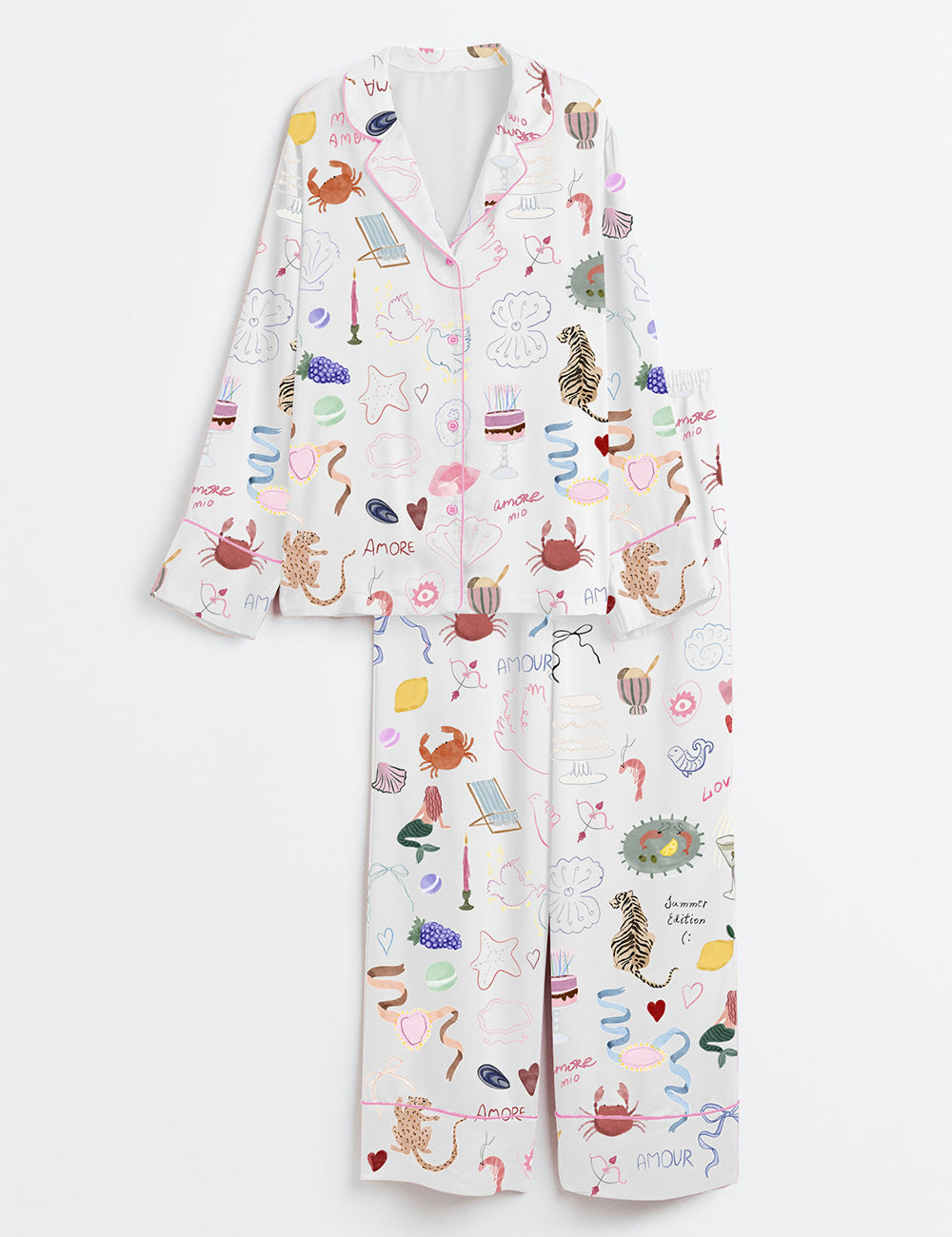 Women’s Whimsical Hand Drawn Love Dolce Vita Italy Wedding Icons Summer Seashell Line Art Print Long Sleeve Satin Pajama Set