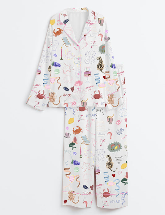 Women’s Whimsical Hand Drawn Love Dolce Vita Italy Wedding Icons Summer Seashell Line Art Print Long Sleeve Satin Pajama Set