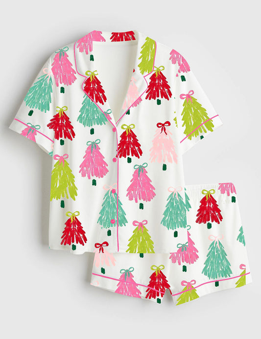 Women’s Pink Green And Red Christmas Trees With Bows Short Sleeve Satin Pajama Set