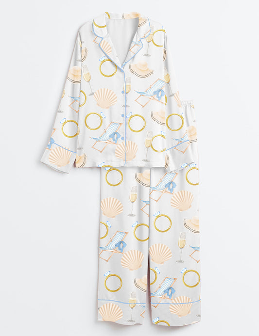Women’s Last Toast On The Coast Bachelorette Summer Beach Print Long Sleeve Satin Pajama Set