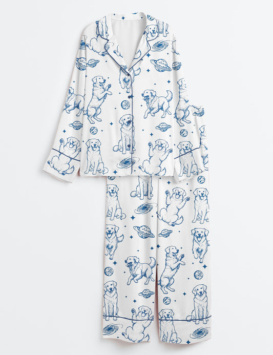 Women's Golden Retriever In Space Dog Lover Long Sleeve Satin Pajama Set