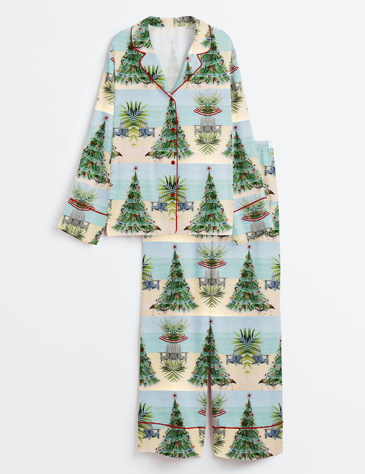 Women’s Vintage Christmas Cocktail Beach Coquette Seashell Christmas Tree Long Sleeve Satin Pajama Set