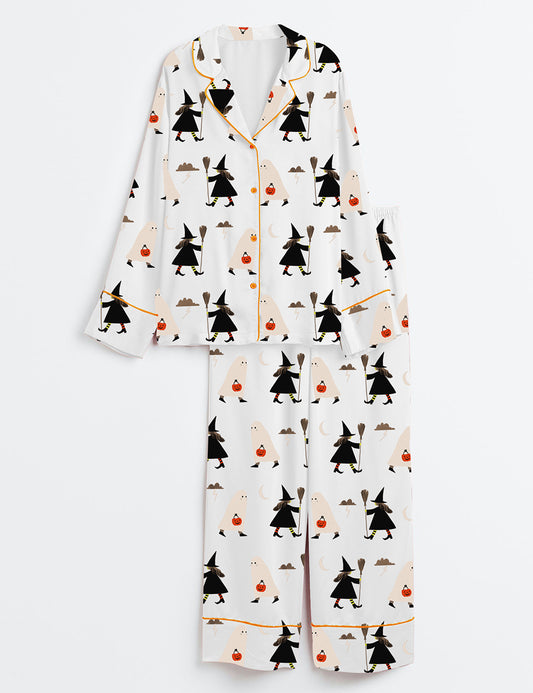 Women’s A Witch Holding A Broom And A Ghost Holding A Pumpkin Halloween Long Sleeve Satin Pajama Set
