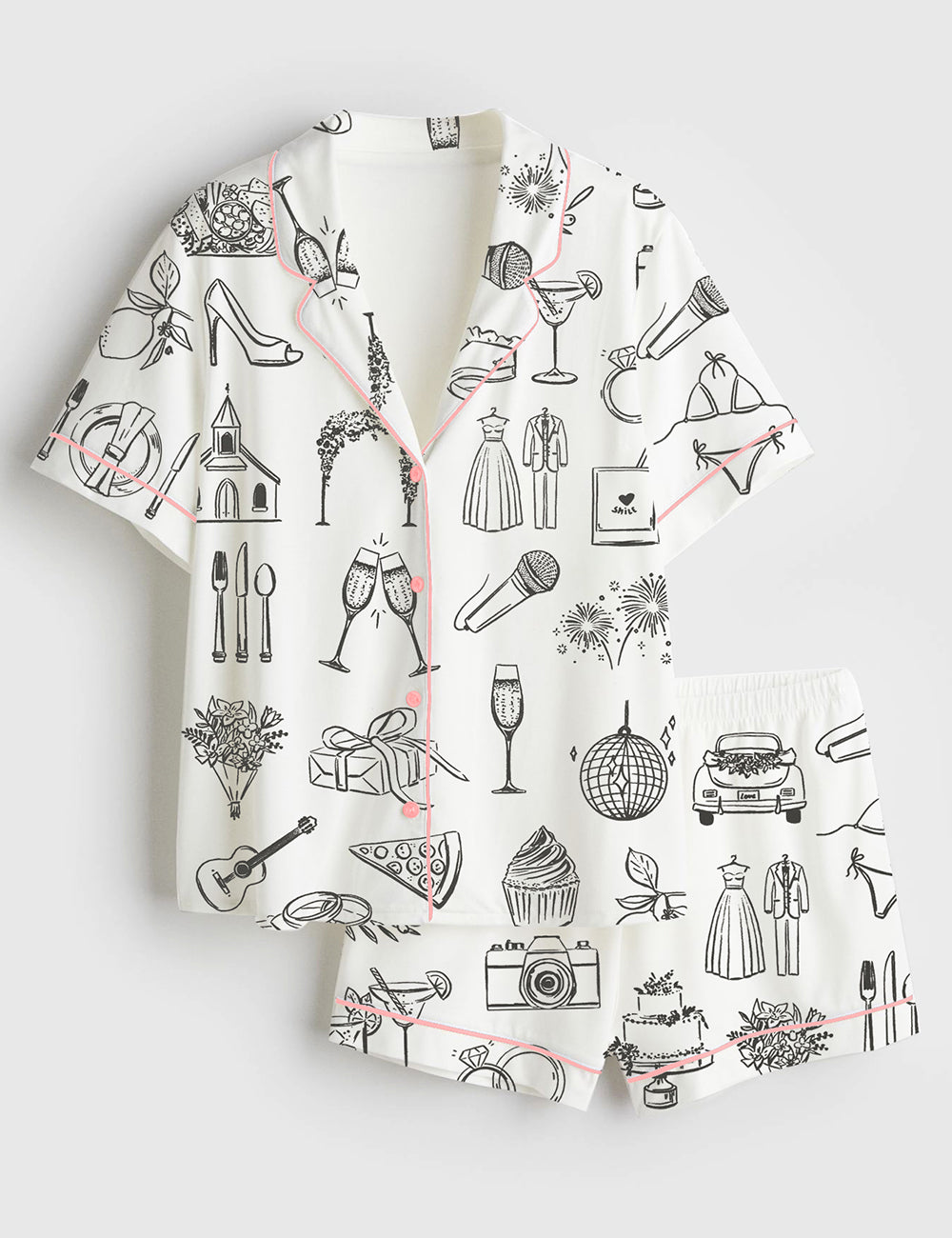 Women’s Hand Drawn Wedding Timeline Line Art Print Short Sleeve Satin Pajama Set