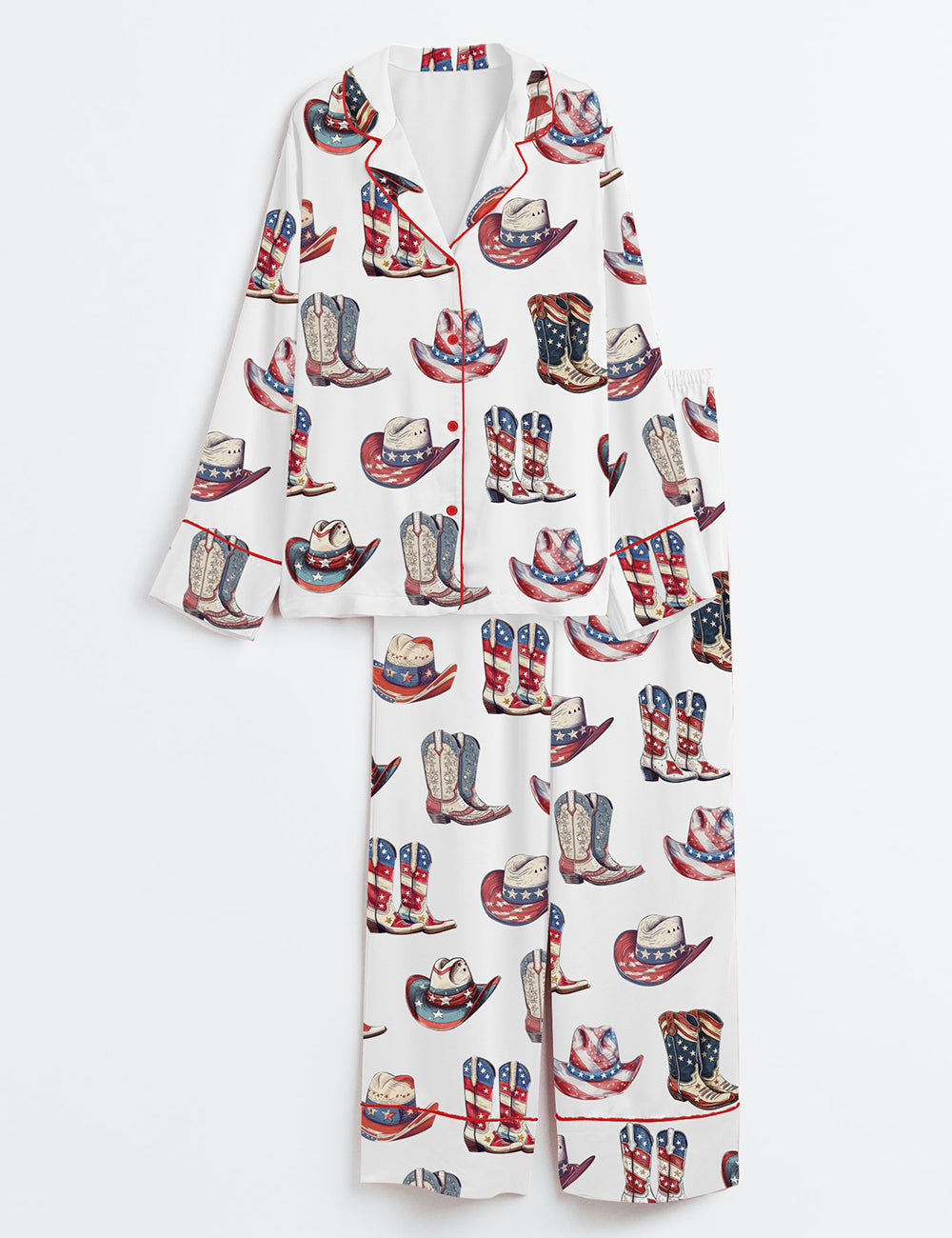 Women's 4th of July Patriotic Western Cowgirl Long Sleeve Satin Pajama Set