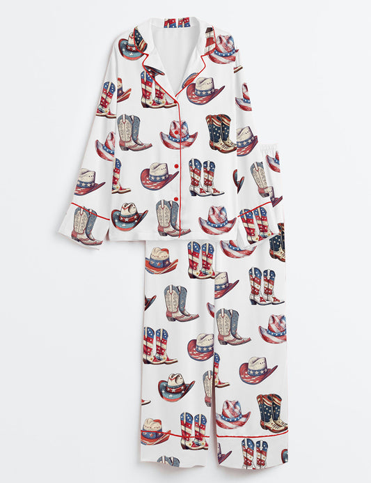 Women's 4th of July Patriotic Western Cowgirl Long Sleeve Satin Pajama Set
