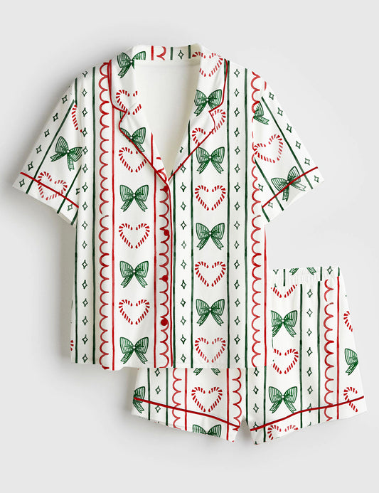 Women’s Christmas Candy Cane Stripes And Coquette Bows Short Sleeve Satin Pajama Se