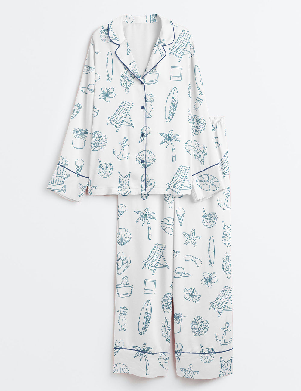 Women’s Coastal Summer Hand Drawn Nautical Beach Seaside Vacation Print Long Sleeve Satin Pajama Set