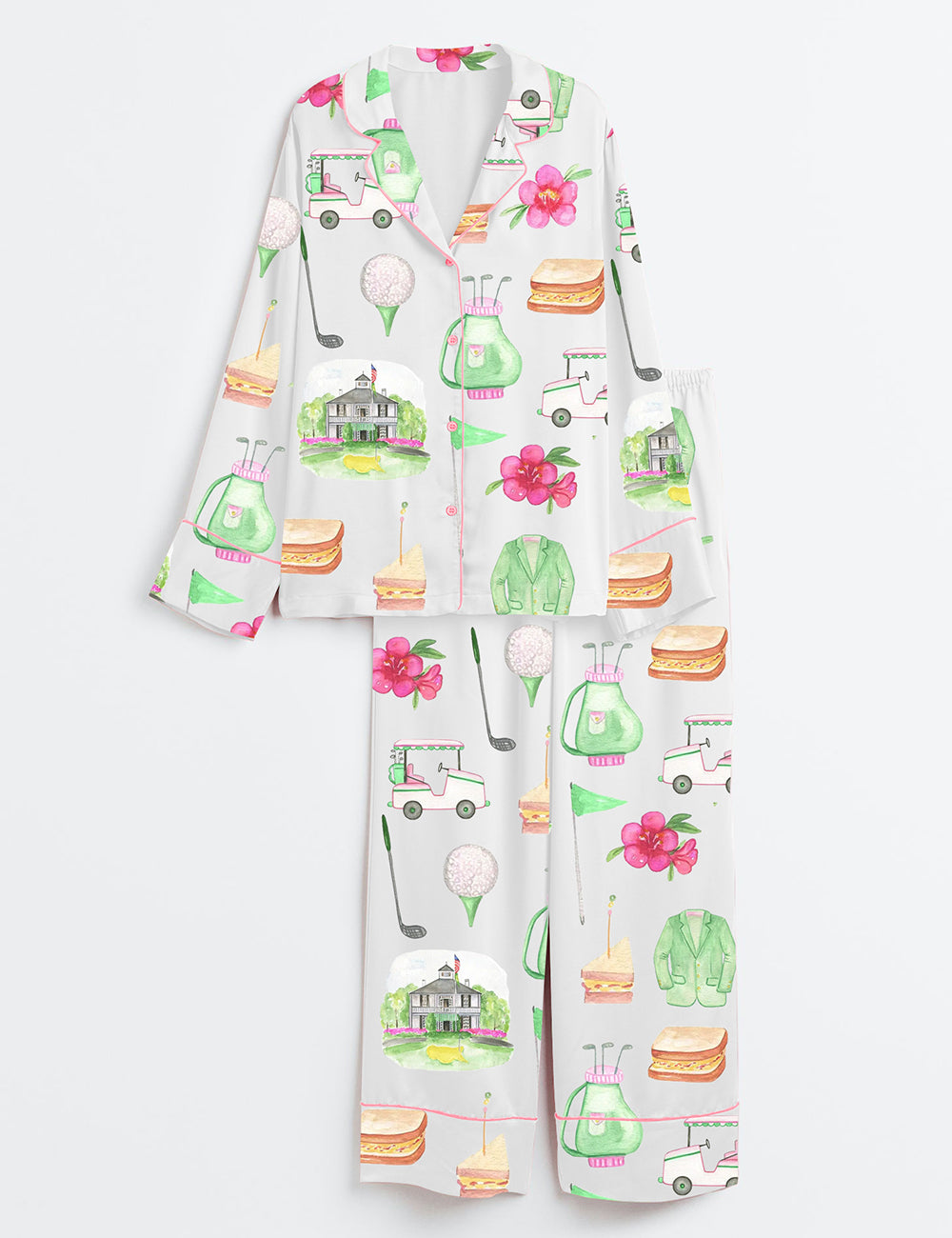 Women’s Golf Masters Augusta Watercolor Golf Print Long Sleeve Satin Pajama Set