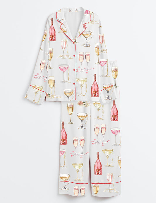 Women’s Pearls And Prosecco Bridal Shower Party Champagne Print Long Sleeve Satin Pajama Set