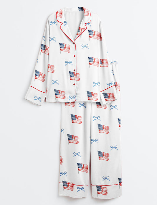 Women’s Coquette Bow America Flag 4th Of July Long Sleeve Satin Pajama Set