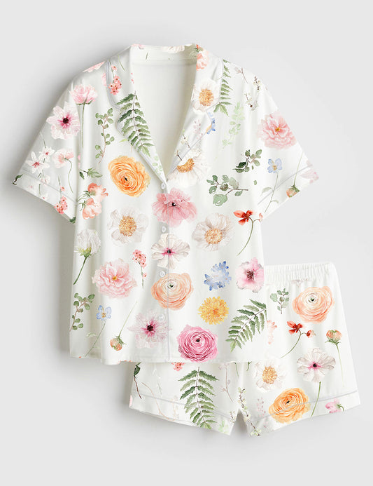 Women’s Romance Floral Watercolor Flower Wedding Flower Watercolor Bouquet Spring Flower Print Short Sleeve Satin Pajama Set
