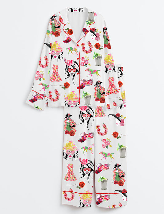 Women’s The Kentucky Derby Derby Fashion Planner Girl Rose Horse Western Long Sleeve Satin Pajama Set