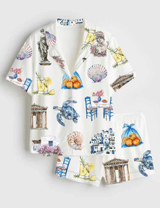 Women’s Greece Watercolor Greek Summer Travel Short Sleeve Satin Pajama Set