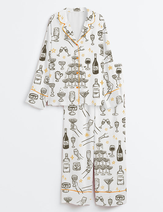 Women’s Whimsical Cheers Drinks And Cocktails Chamagne Tower Raised Glasses Long Sleeve Satin Pajama Set