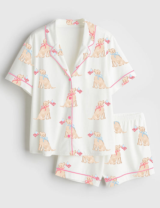 Women’s Patriotic Pups 4th Of July Short Sleeve Satin Pajama Set
