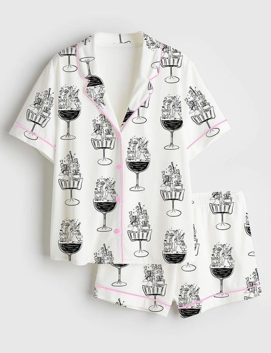 Women’s Wedding Music Entertainment Hand Drawn Whimsical Wedding Performer Short Sleeve Satin Pajama Set