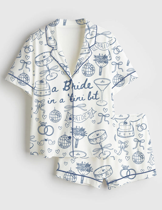 Women’s Espresso Martini Bachelorette Party Bride In A Tini Bit Martini Print Short Sleeve Satin Pajama Set