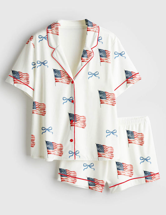 Women’s Coquette Bow America Flag 4th Of July Short Sleeve Satin Pajama Set