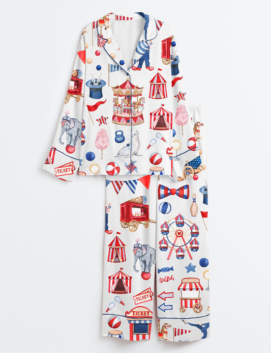 Women's Watercolor Carousel Circus Carnival Animals Shows Clipart Long Sleeve Satin Pajama Set